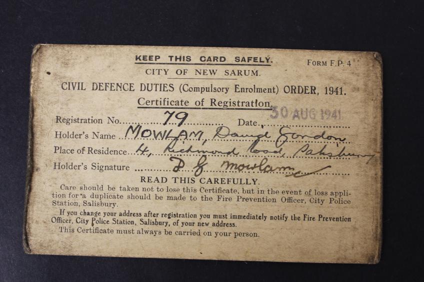 CS Militaria | WW2 Civil Defence Duties , Certificate Of Registration 1941