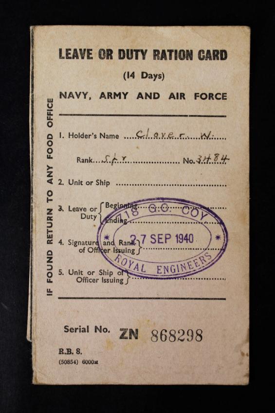 WW2 British Soldiers 'Leave Or Duty Ration Card' September 1940