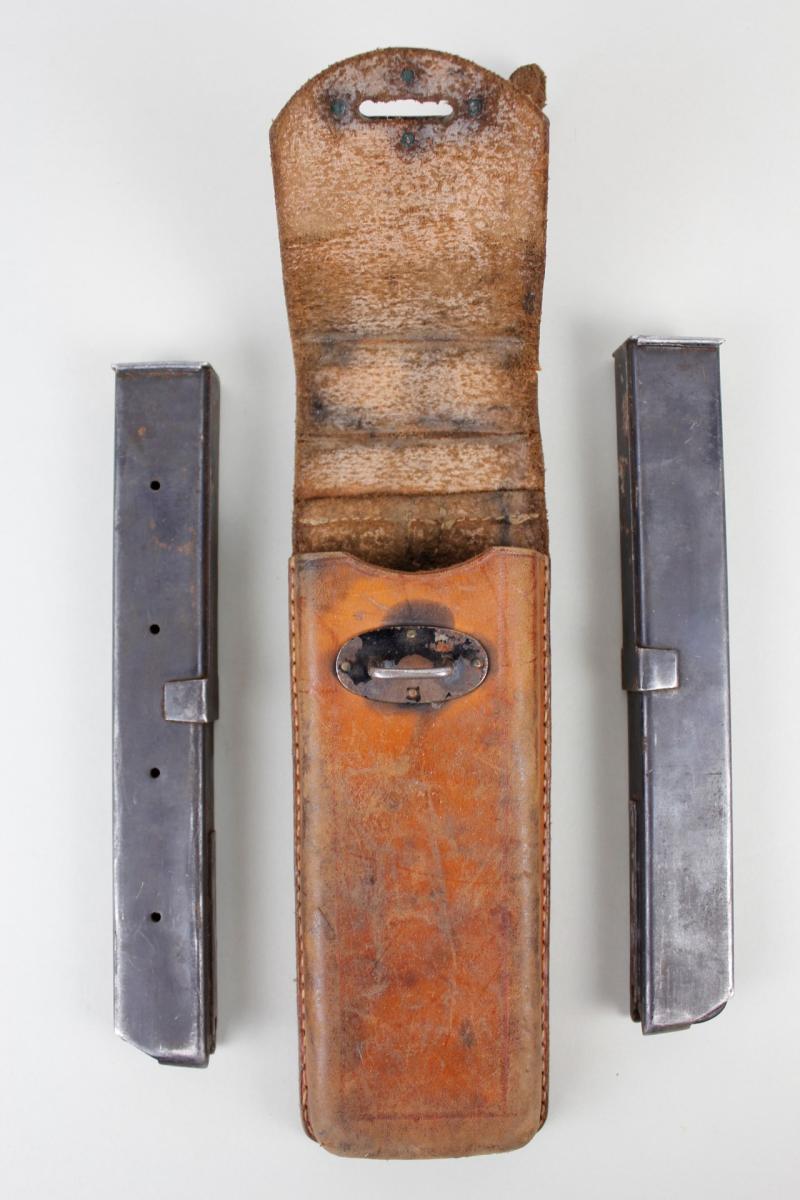 Argentinian Air Force Brown Leather 9MM SMG Magazine Pouch With X2 Magazines As Captured