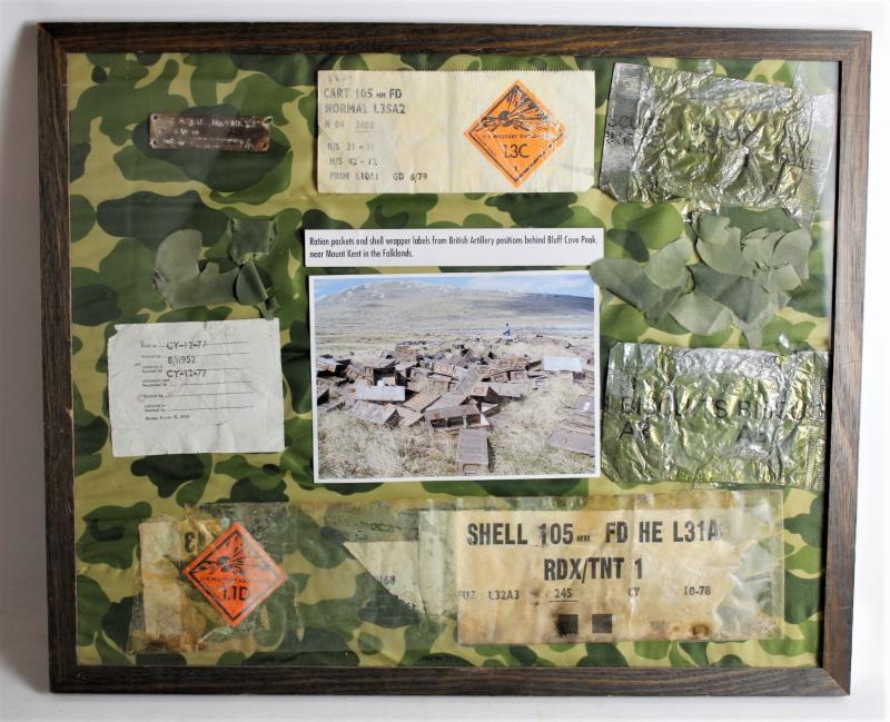 Framed Board Of Items Picked Up Near Mount Kent , Falklands