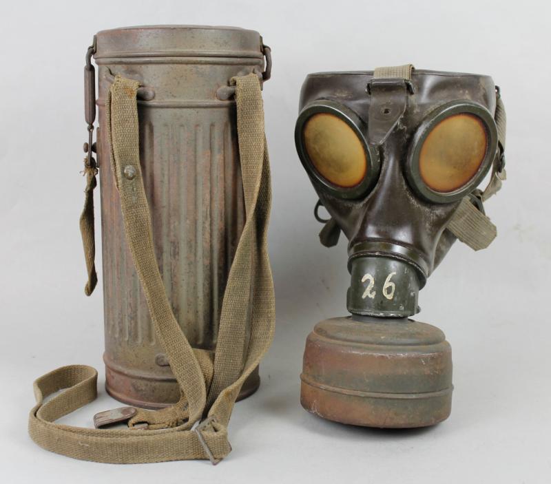 WW2 German Normandy Camouflaged Gas Mask & Tin