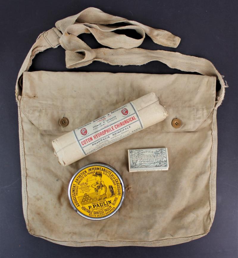 WW1 French Musette Bag , Bandage , Cigarette Papers & Boot Dubbin