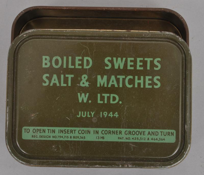 WW2 British Boiled Sweets, Salt  & Matches Ration Tin 1944