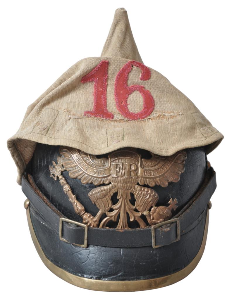 WW1 German 16th Inf.Regt Pickelhaube & Early Red Numbered Cover With Matching Regimental Numbers