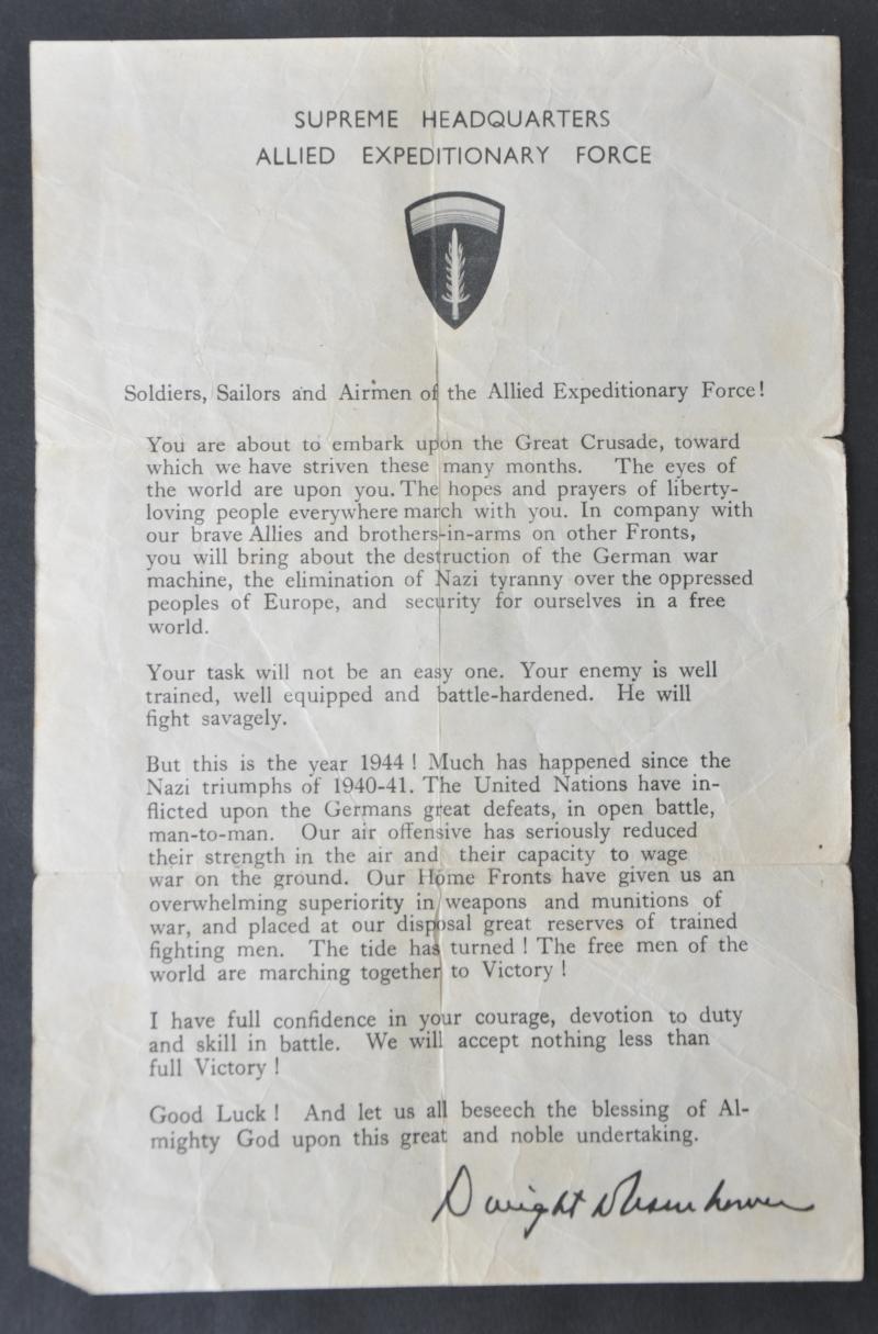 Original & Rare D-Day Eisenhower ' June 6, 1944, Order Of The Day ' Printed Leaflet
