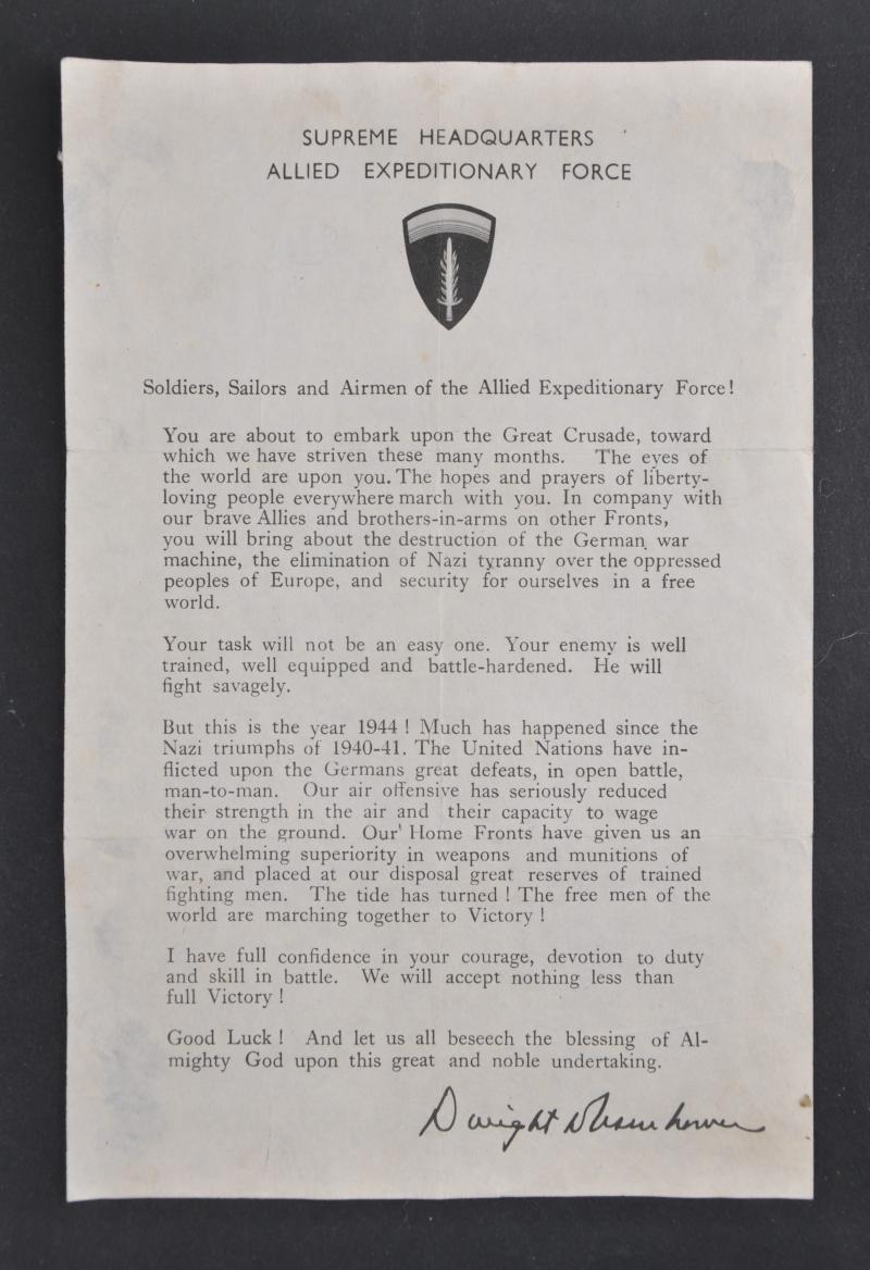 Original & Rare D-Day Eisenhower ' June 6, 1944, Order Of The Day ' Printed Leaflet