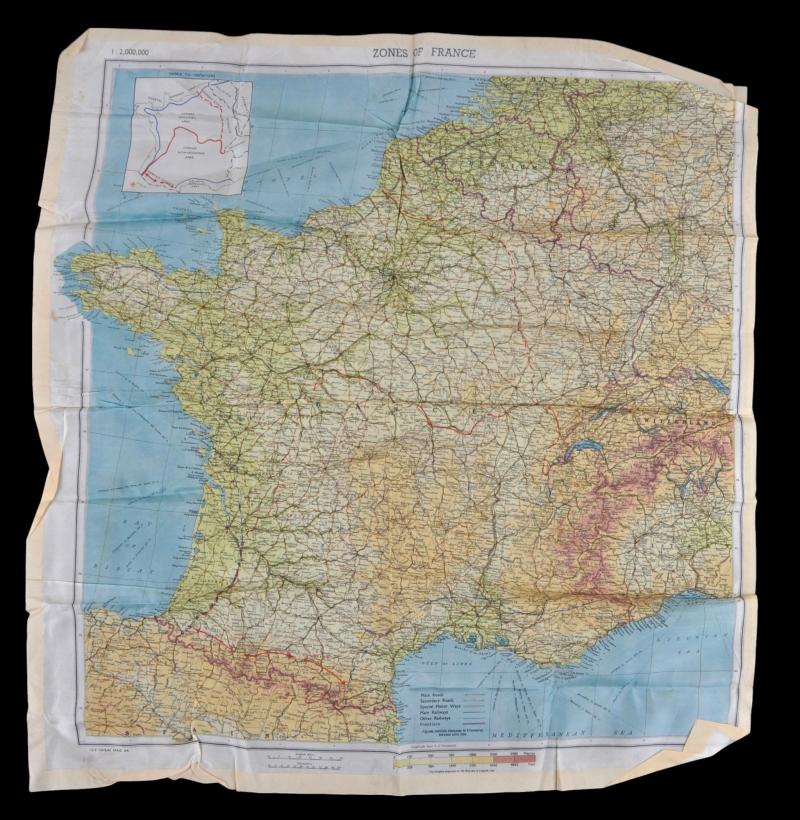 WW2 Silk Map ' Zones of France ' & Normandy Coastline March 1944