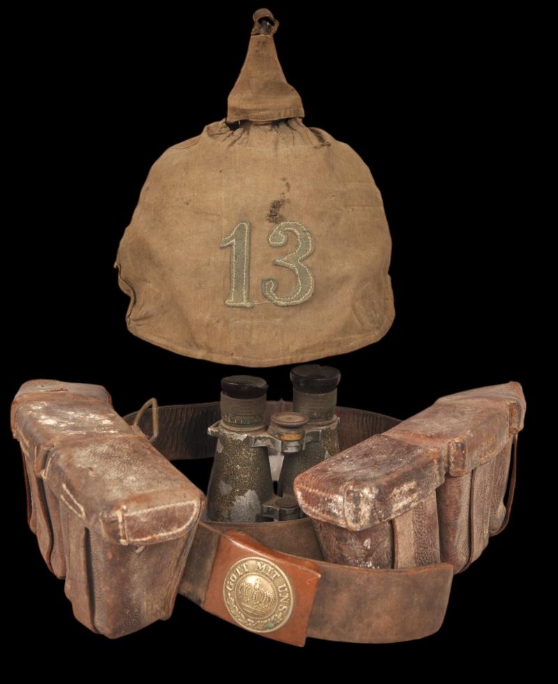 WW1 German 13th Infantry Regiment Pickelhaube & Cover , Belt Equipment & Dienstglas Grouping