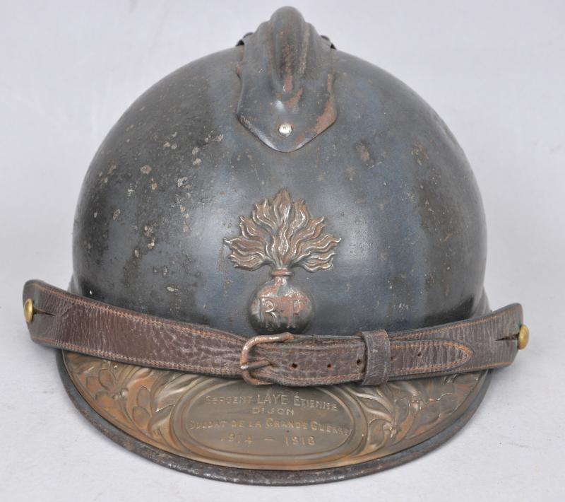 WW1 French Named Infantry NCO M15 Adrian Helmet With Souvenir Plaque & Private Purchase Chinstrap