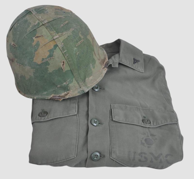 USMC Vietnam War Helmet With Graffiti & USMC Shirt From Same Man