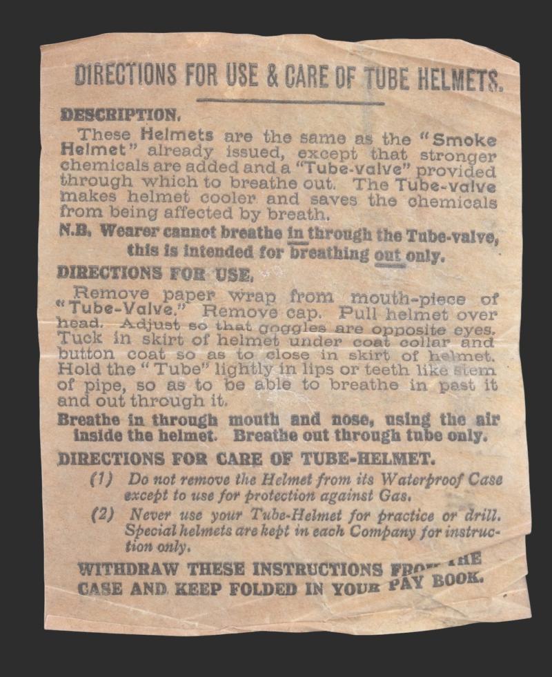 WW1 Instruction Card ' Directions For use & Care Of Tube Helmets As Issued With PH Gas Helmet