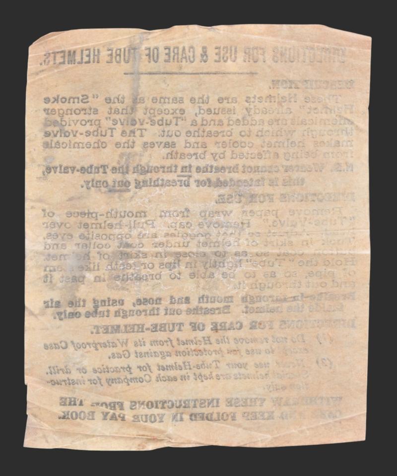 WW1 Instruction Card ' Directions For use & Care Of Tube Helmets As Issued With PH Gas Helmet