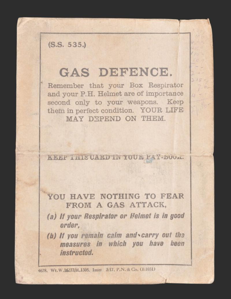 Rare WW1 British 'Gas Defence' Instructional Card March 1917