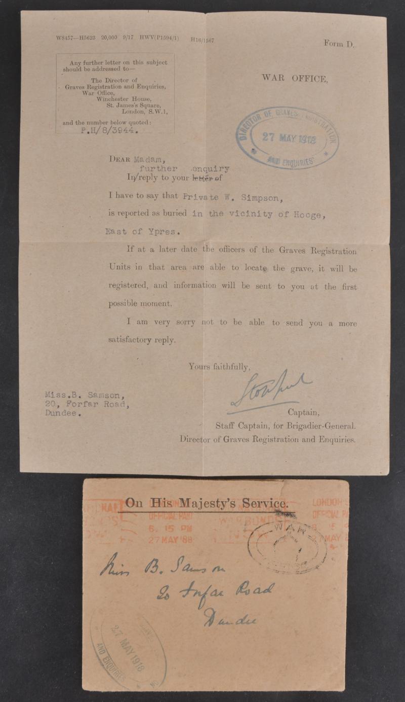 WW1 British Letter From Graves Registration To Relative  ( Hooge Burial ) May 1918