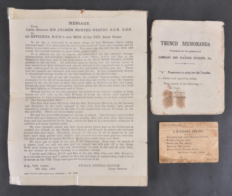 WW1 British Trench Memoranda, Soldiers Prayer & 1st July Somme Message From Lieut-General Sir Aylmer Hunter-Weston