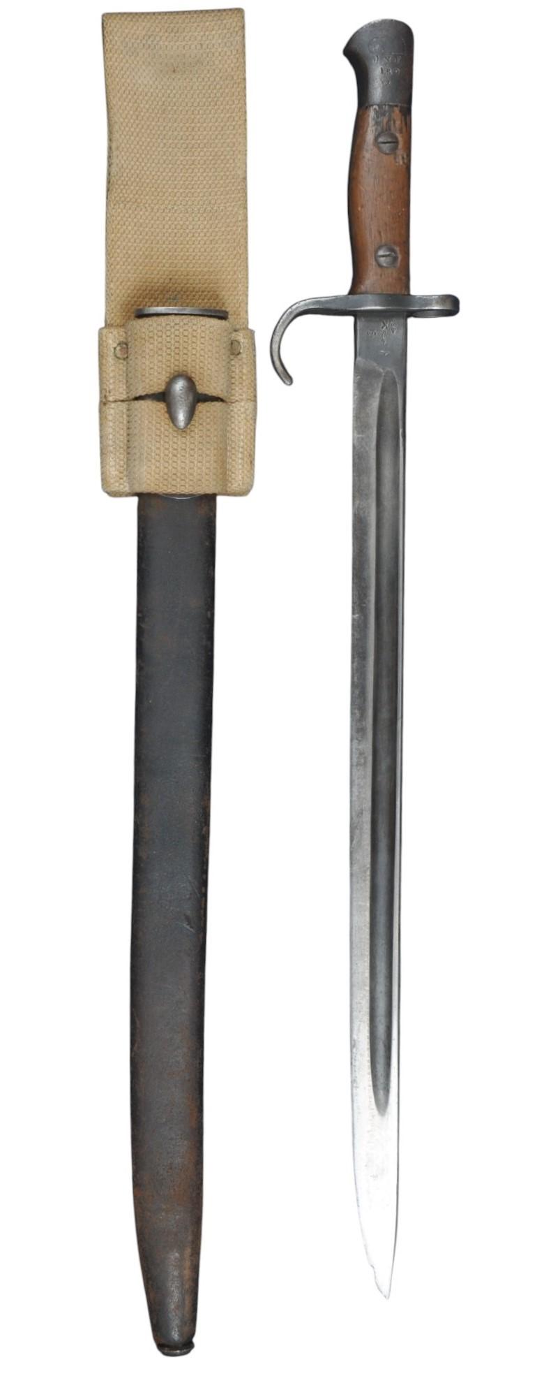 WW1 British '07 Pattern Matching Numbered To 1st Pattern Scabbard Hooked Quillon Bayonet Marked 1st Northumberland Fusiliers With 1915 Dated Frog