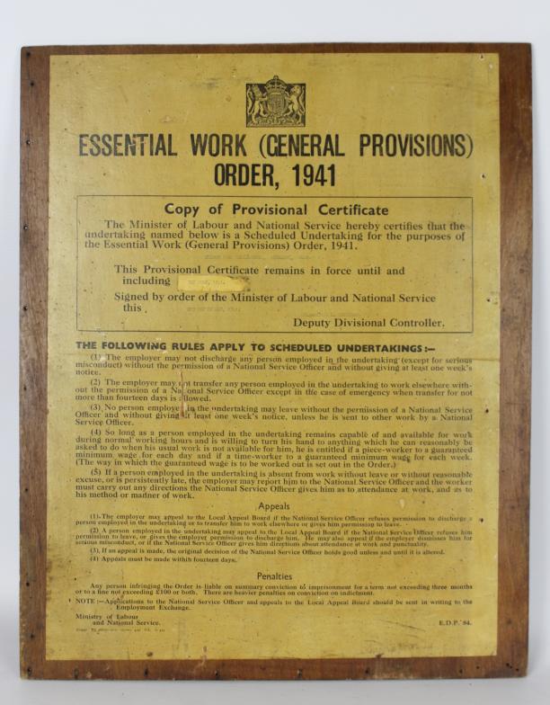 WW2 British Home Front Ministry Of Labour Essential Work Order 1941 