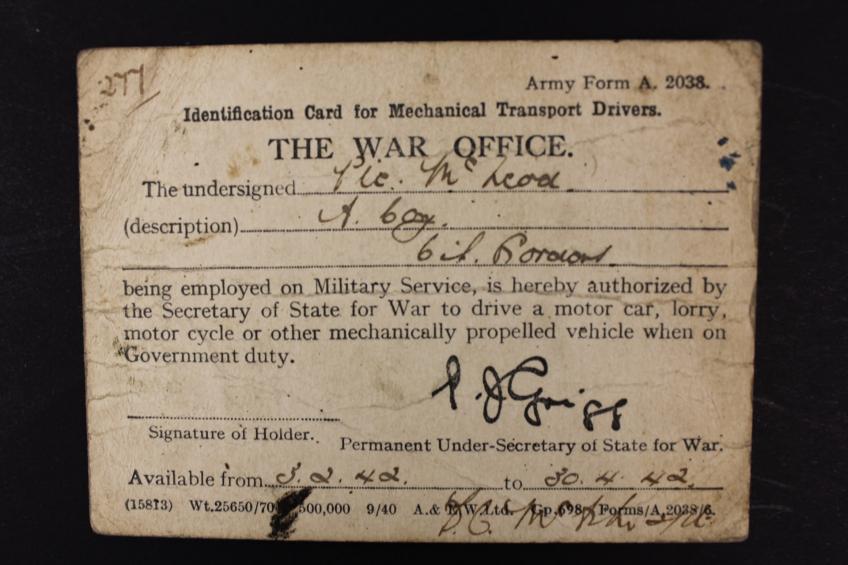 WW2 British War Office Driving Permit 1942