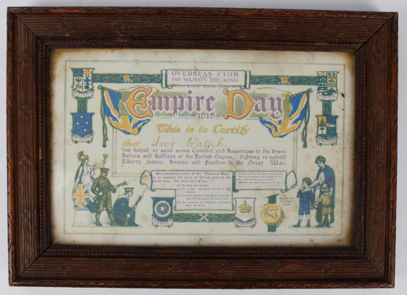 WW1 Empire Day Framed Certificate 1915